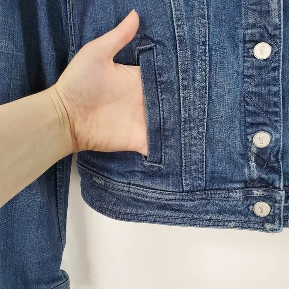 Pilcro Anthropologie Denim Jacket Womens Medium Blue Distressed Letterpress - Picture 4 of 11